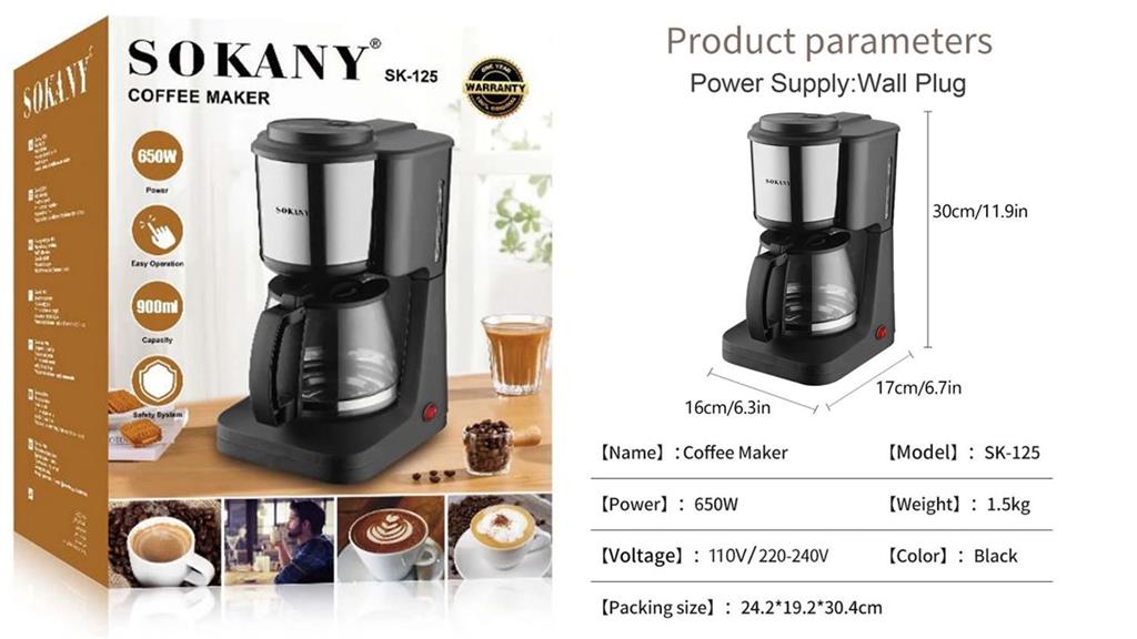 Sokany 900ml Black and Silver Coffee Maker